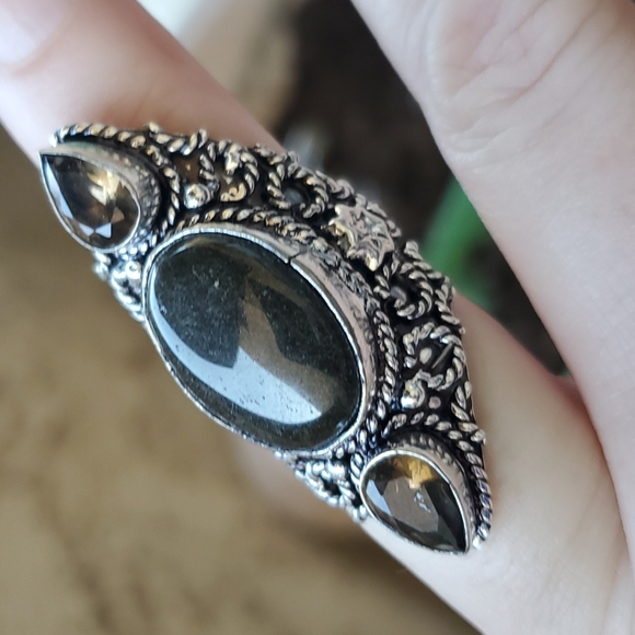 New Silver Sheen Obsidian & Smoky Topaz 925 Silver Statement Ring. - Picture 9 of 13